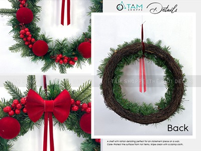 Vòng nguyệt quế Noel Châu nhung nơ đỏ ĐK 50cm VNGQ-X-39